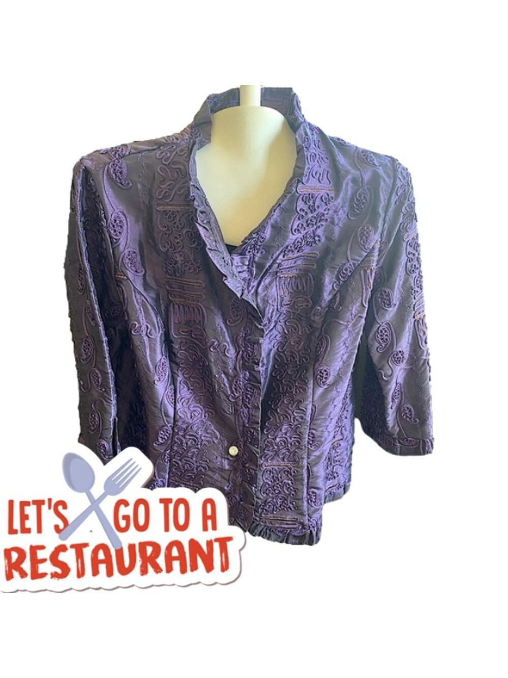 Nwt AGORA evening jacket crinkle pleats ribbon embroidered purple/gold large